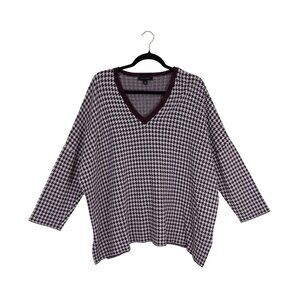 Ann Taylor Houndstooth V-Neck Sweater Burgundy & White Size XL Lightweight Knit